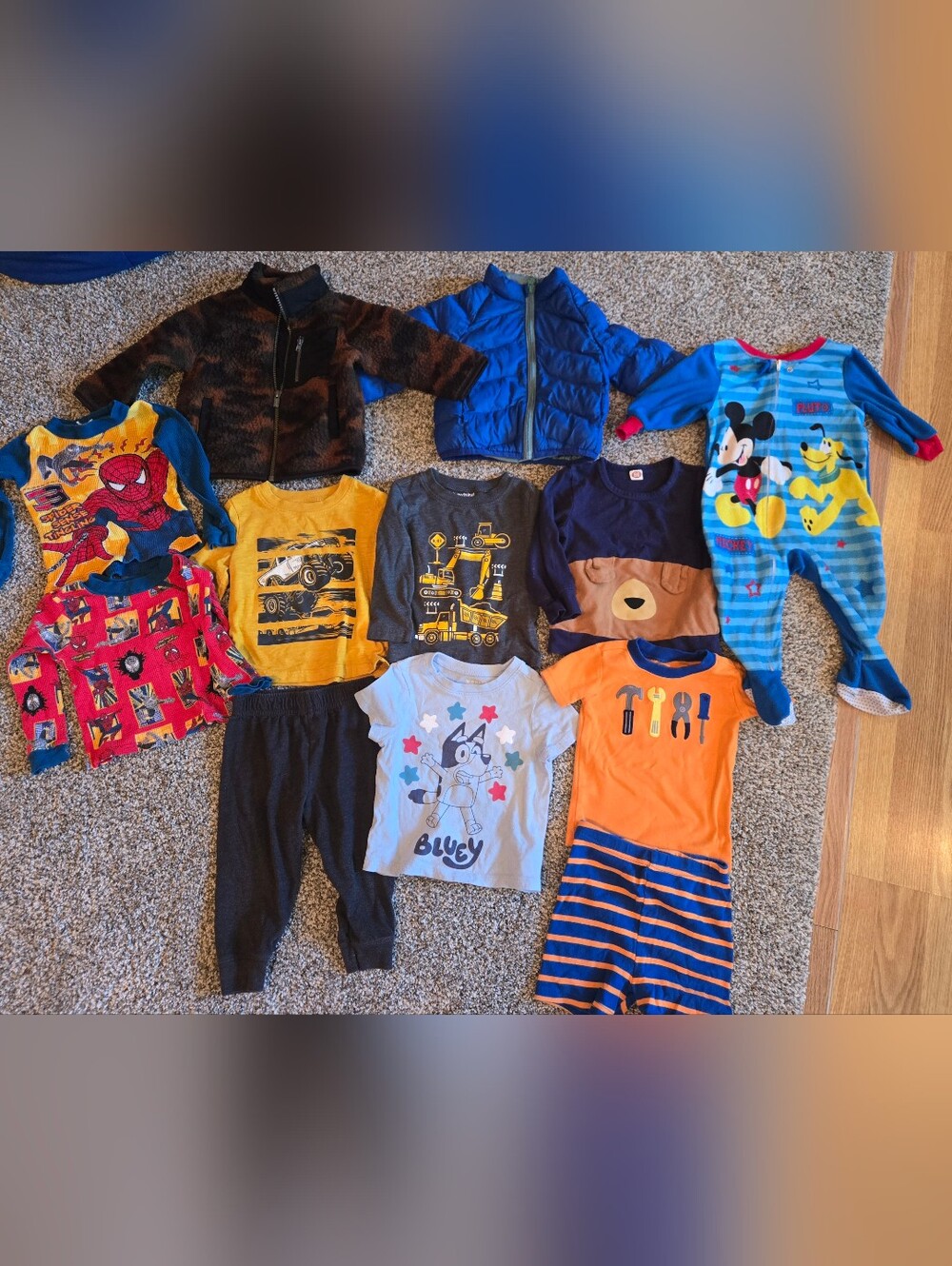 Boys 12 month and 12-18 month clothing bundle including Mickey, Spiderman, Bluey